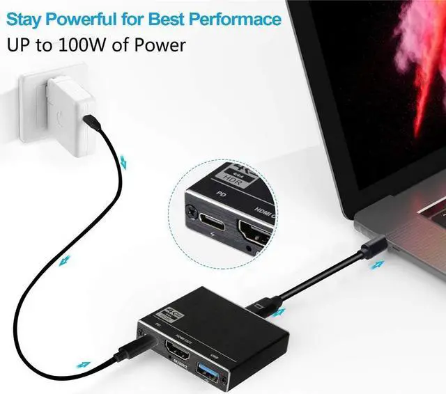 Alt view image 3 of 7 - USB C to HDMI+PD+USB3.0 Adapter, Type-C Hub Thunderbolt 3 to HDMI Output with USB 3.0 Port & 100W PD Charging Port, USB-C to HDMI Adapter 4K@60Hz Converter for Mac iPad pro MacBook