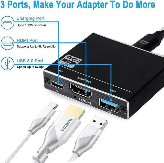 Alt view image 2 of 7 - USB C to HDMI+PD+USB3.0 Adapter, Type-C Hub Thunderbolt 3 to HDMI Output with USB 3.0 Port & 100W PD Charging Port, USB-C to HDMI Adapter 4K@60Hz Converter for Mac iPad pro MacBook