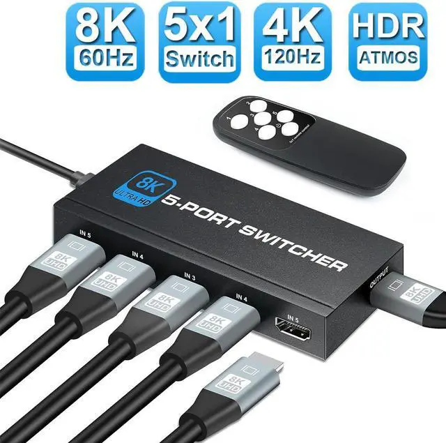 Main image of 8K@60Hz 5 Port HDMI Switch, 5 in 1 Out HDMI Switcher Selector Support HDR & HDCP 2.3 & Full 3D with IR Remote Control for Nintendo Switch,Xbox PS5/PS4,Fire Stick