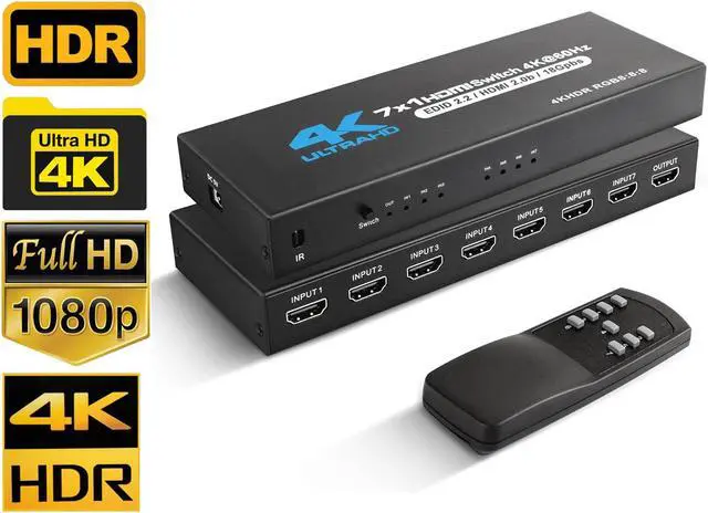 Main image of 4k HDR HDMI Switch with IR Remote Control, 7 Ports HDMI 2.0 Switcher Selector , Supports HDCP 2.2 4K@60Hz UltraHD HDR10 3D HD1080P Dolby DST, HDMI Splitter for PS4 Xbox Fire Stick