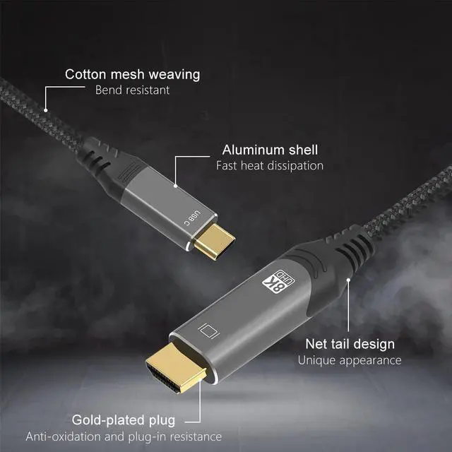 Alt view image 3 of 7 - USB C to HDMI 2.1 Cable 3.3Feet, USB 3.1 Type C to 8K HDMI Cable, (8K@30Hz,4K@120Hz) Thunderbolt 3/4 Compatible, for MacBook Pro, iPad Pro, Samsung Galaxy, Dell, HP and More