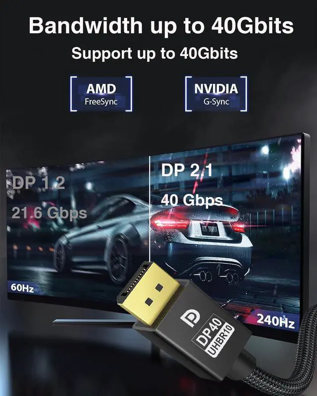 Alt view image 4 of 7 - 8K DisplayPort Cable 2.1, 10ft8K@60Hz, 4K@120Hz, 4K@144Hz, 40Gbp) , 2.1 (DP to DP Cable) Compatible for Laptop/PC/TV/Gaming Monitor