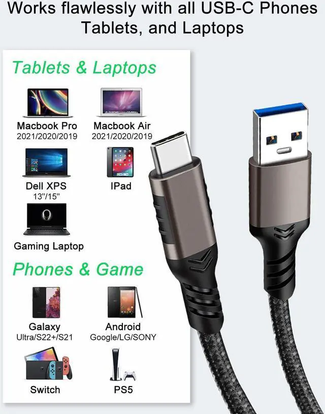 Alt view image 7 of 7 - USB-C to USB-A 10 Gbps USB 3.2 Gen 2 Data Power Braided Cable | 1 Meter 3.3 ft | 60W Fast Charging with Quick Data Transfers 2 Pack