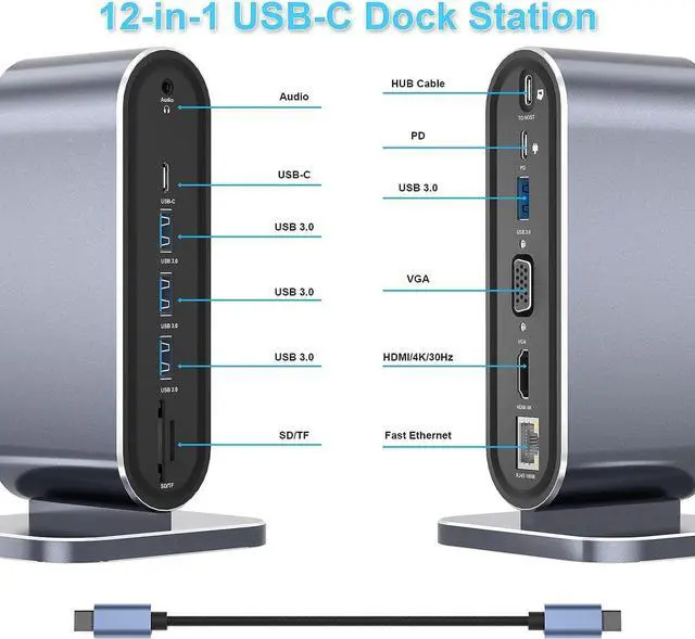 Alt view image 2 of 7 - USB C Laptop Vertical Docking Station,12 in 1 Type C Hub Multiport Adapter Dongle with, HDMI, VGA, PD, Ethernet, SD/TF, 4*USB 3.0 Ports, USB-C Data , Mic/Audio, Compatible for Laptops Notebook