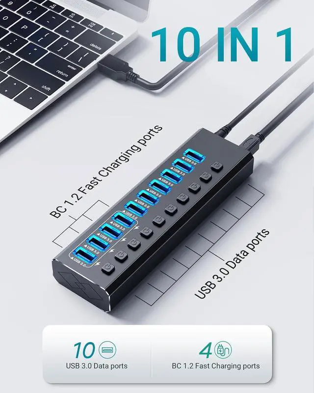 Alt view image 2 of 7 - Powered USB Hub, 10-Port USB Splitter Hub (10 Data Transfer Ports+ 4 Smart Charging) with Individual LED On/Off Switches, USB Hub 3.0 Powered with Power Adapter for Mac, PC