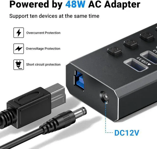 Alt view image 5 of 7 - Powered USB Hub, 10-Port USB Splitter Hub (10 Data Transfer Ports+ 4 Smart Charging) with Individual LED On/Off Switches, USB Hub 3.0 Powered with Power Adapter for Mac, PC