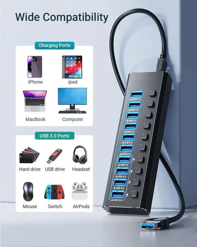 Alt view image 7 of 7 - Powered USB Hub, 10-Port USB Splitter Hub (10 Data Transfer Ports+ 4 Smart Charging) with Individual LED On/Off Switches, USB Hub 3.0 Powered with Power Adapter for Mac, PC