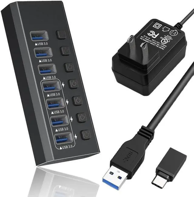 Main image of Powered USB Hub, 7-Port USB Splitter Hub (7 Data Transfer Ports+ 4 Smart Charging) with Individual LED On/Off Switches, USB Hub 3.0 Powered with Power Adapter for Mac, PC