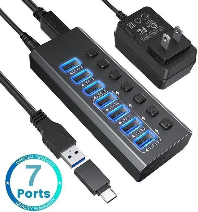 Main image of 7-Port USB A Data Hub with 24W Power Adapter, 7 Data Transfer Ports with 4*USB 3.0 Smart Charging, Individual On/Off Switches, 12V/2A DC Power Adapter for Laptops, PC