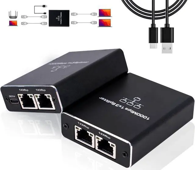Main image of Ethernet Splitter [3 Devices Simultaneous Networking], Gigabit RJ45 Ethernet Splitter 1 to 3, 1000Mbps Network Extension Connector with USB Power Cable, 8P8C Extender Plug for Cat5/5e/6/7/8 Cable