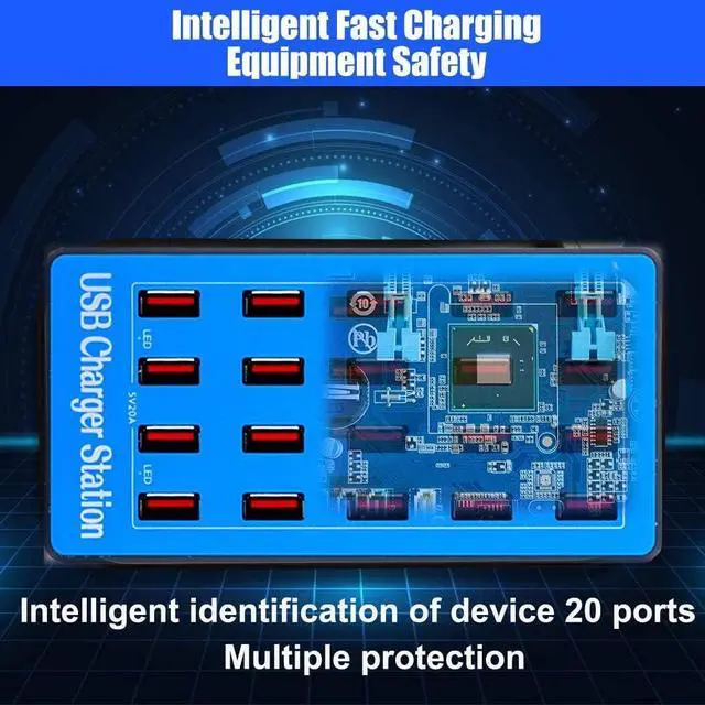 Alt view image 4 of 7 - 100 Watt (20 Amp) 20 Port Family/Bussiness Sized Desktop USB Rapid Charger. Smart USB Ports with Auto Detect Technology Compatible with Smartphones,Tables,and More Devices [Blue]