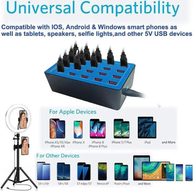 Alt view image 3 of 7 - 100 Watt (20 Amp) 20 Port Family/Bussiness Sized Desktop USB Rapid Charger. Smart USB Ports with Auto Detect Technology Compatible with Smartphones,Tables,and More Devices [Blue]
