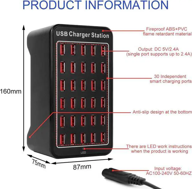 Alt view image 6 of 7 - Multiple USB Charger,30 Ports USB Charging Station,150W Multi-Port USB A Charger, USB Wall Charger Desktop USB Charger for Smartphones,Tables,and More Devices - Black