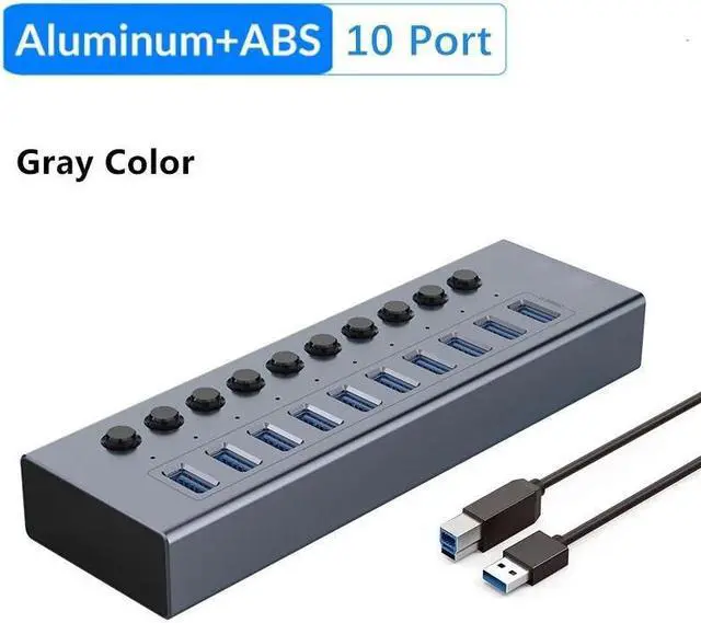 Main image of USB 3.0 Hub, 10 Port Powered USB Hub Expander Aluminum USB 3.0 Data Port hub with Universal 12V/4A Adapter and Individual On/Off Switches USB Splitter for Laptop and PC