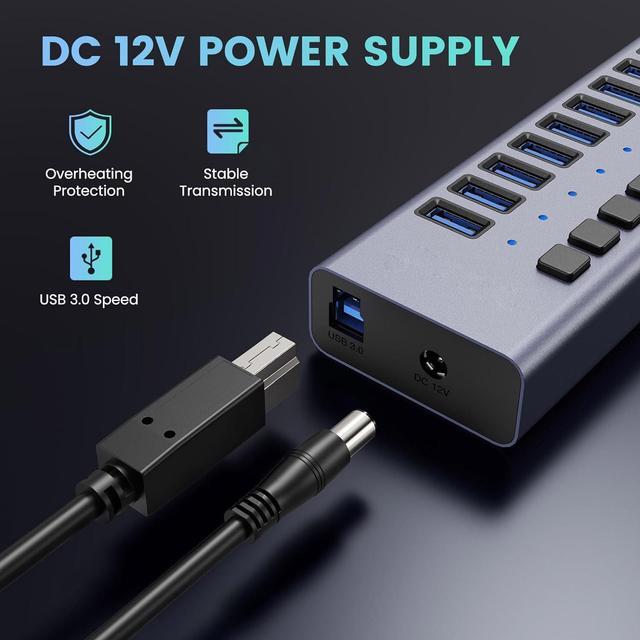 Alt view image 3 of 7 - Powered USB Hub, 16 Port USB 3.0 Hub Splitter Portable Aluminum USB Data Hub Expander with Individual On/Off Switch and Universal 12V7.5A AC Adapter, 3.3ft USB 3.0 Cable (HS082-16U)