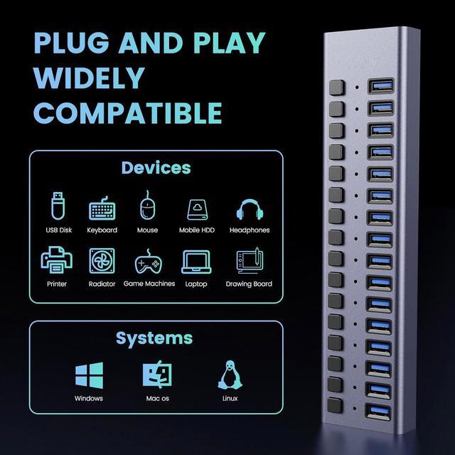 Alt view image 5 of 7 - Powered USB Hub, 16 Port USB 3.0 Hub Splitter Portable Aluminum USB Data Hub Expander with Individual On/Off Switch and Universal 12V7.5A AC Adapter, 3.3ft USB 3.0 Cable (HS082-16U)