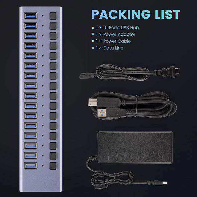 Alt view image 7 of 7 - Powered USB Hub, 16 Port USB 3.0 Hub Splitter Portable Aluminum USB Data Hub Expander with Individual On/Off Switch and Universal 12V7.5A AC Adapter, 3.3ft USB 3.0 Cable (HS082-16U)