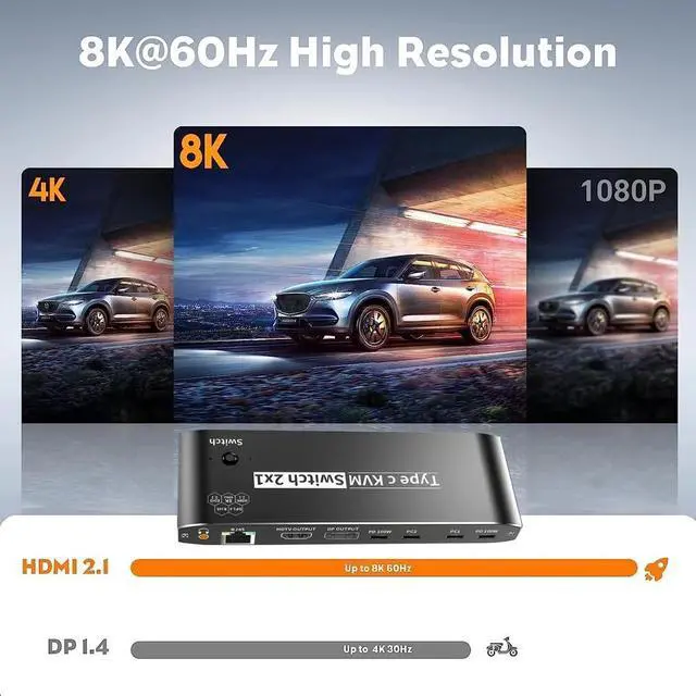 Alt view image 6 of 7 - ESTONE 8K USB-C KVM Switch with Audio,RJ45, 2 in 1 Out,for 2PC Share 1 Monitor and One Keyboard Mouse and 5 USB devices, 8K@60Hz 100w PD for computers, laptops, game consoles