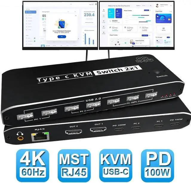 Main image of 8K KVM Switch USB C 2 in 1 Out, UHD 8K@60Hz, 7 USB 2.0 Hub, One Key Button Switch, Audio,RJ45 Compatible with Keyboards and Mouse,5 USB2.0, 2 Computers Share 1 Monitor(DP or HDMI)