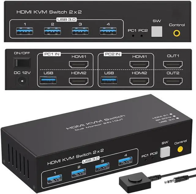 Main image of 8K KVM Switch HDMI 2 Monitors 2 Computers Support 8K@60Hz 4K@120Hz KVM Switcher PC Display Share 2 Monitors and 4 USB 3.0 Support Copy and Extend Mode Includes Desktop Control and Power Adapte