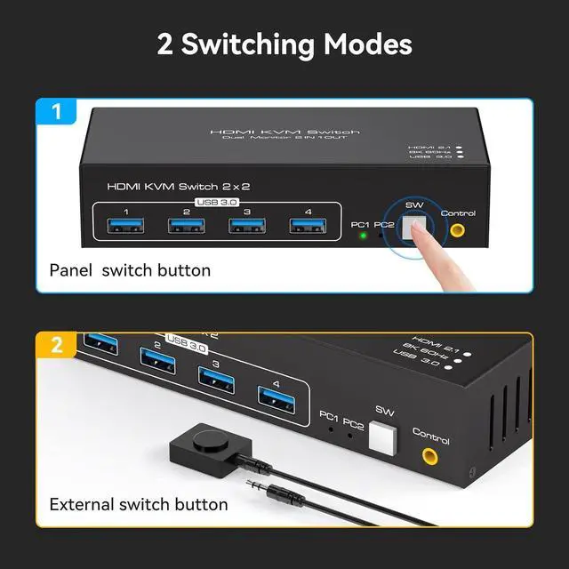 Alt view image 6 of 7 - 8K@60Hz HDMI Dual Monitor kvm Switch 2 Monitors 2 Computers 4K@120Hz USB 3.0 Extended Display KVM switcher with 4 USB Ports Wired Controller 12V DC Adapter 2 USB Cables Included