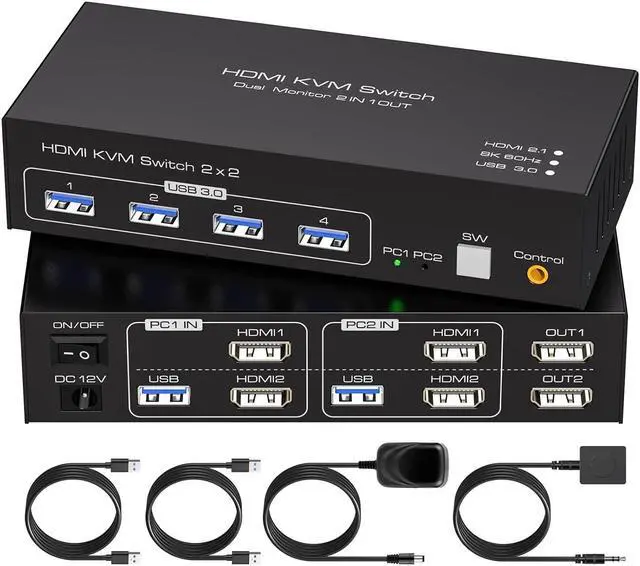 Main image of Dual Monitor HDMI KVM Switch HDMI 2 Port 8K@60Hz, USB HDMI Extended Display Switcher for 2 Computers Share 2 Monitors and 4 USB 3.0 Hub,Desktop Controller and USB HDMI Cables Included