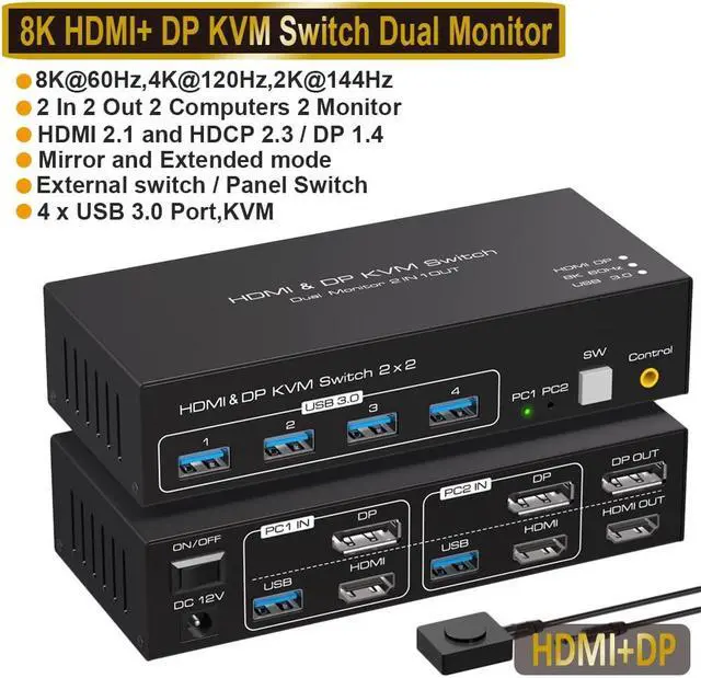 Main image of 8K@60Hz HDMI DP Dual Monitor kvm Switch 2 Monitors 2 Computers 4K@120Hz USB 3.0 Extended Display KVM switcher with 4 USB Ports Wired Controller 12V DC Adapter 2 USB Cables Included