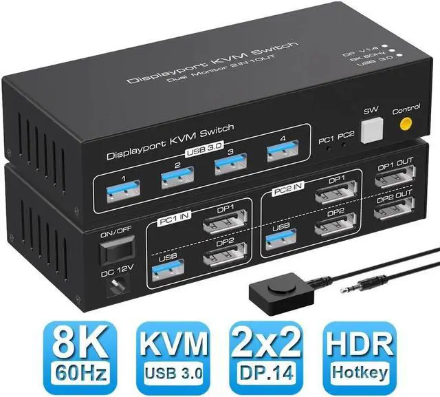 Main image of 8K Dual Monitor DP KVM Switch 8K@60Hz, USB DisplayPort Extended Display Switcher for 2 Computers Share 2 Monitors and 4 USB 3.0 Hub,Desktop Controller and USB Cables Included