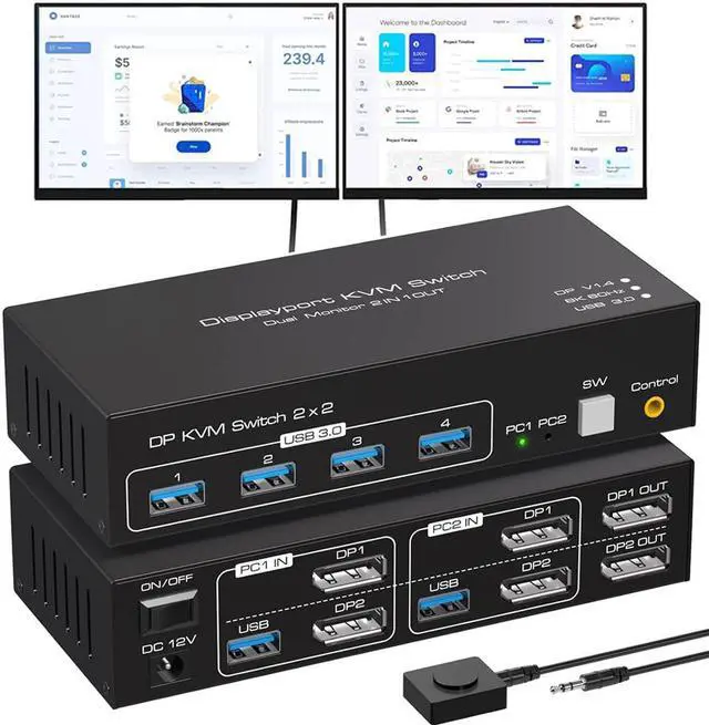 Main image of DisplayPort Dual Monitor KVM Switch 2 Monitors 2 Computers 8K@60Hz USB 3.0 KVM Switches for 2 PC or Laptops Share 1 Set of Keyboard Mouse Printer and Scanner Support Extended & Duplicate Mode
