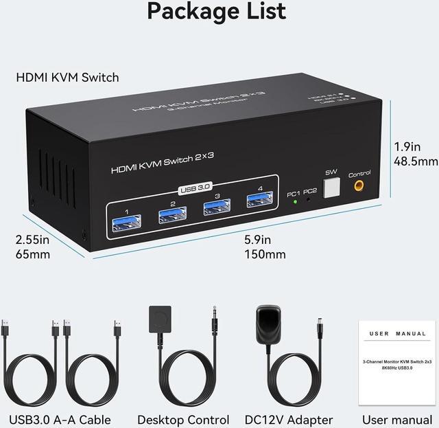 Alt view image 7 of 7 - Triple Monitor HDMI KVM Switch, 3 Port 4K@120Hz 8K@60Hz HDMI USB KVM Switcher for 2 Computers 3 Monitors with 4X USB 3.0 Ports, Support Windows, MacOS, Linux, Unix (3 Port HDMI)