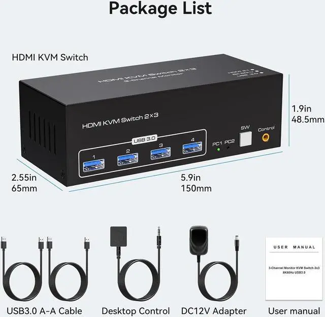 Alt view image 7 of 7 - 8K@60Hz HDMI Triple Monitor kvm Switch 3 Monitors 2 Computers 4K@120Hz USB 3.0 Extended Display KVM switcher with 4 USB Ports Wired Controller 12V DC Adapter and USB Cables Included