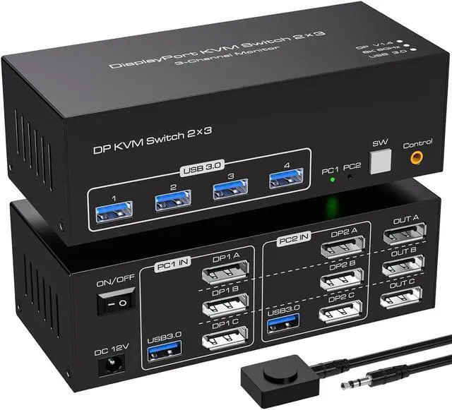 Main image of 3port Displayport Triple Monitor KVM Switch 3 Monitors 2 Computers 8K@60Hz USB 3.0 DP KVM Switches for 2 PC or Laptops Share 1 Set of Keyboard Mouse Printer and Scanner