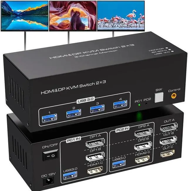 Main image of 8K@60Hz HDMI+2 Displayport Triple Monitor kvm Switch 3 Monitors 2 Computers 4K@120Hz USB 3.0 Extended Display HDMI DP KVM switcher with 4 USB Ports and Wired Controller