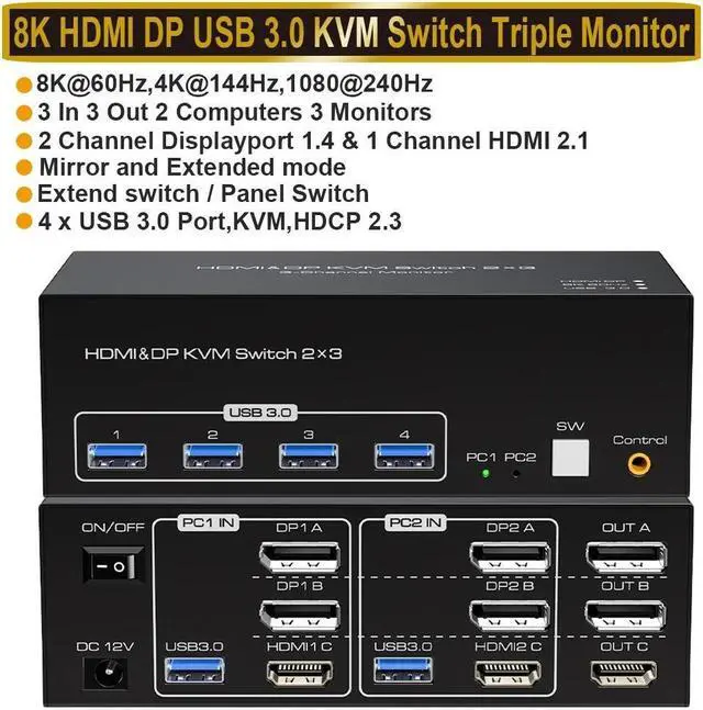Main image of 8K 2DP+HDMI KVM Switch 3 Monitors 2 Computers Support 8K@60Hz 4K@120Hz Displayport HDMI KVM Switcher PC Display Share 3 Monitors and 4 USB 3.0 Support Copy and Extend Mode