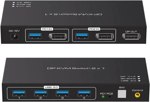 Main image of 2 Port DisplayPort 2x1 DP KVM Switcher Switch DP 1.4 8K@60Hz Supports 4 Ports USB 3.0 Devices Control up to 2 DP Port Device with Wired Controller