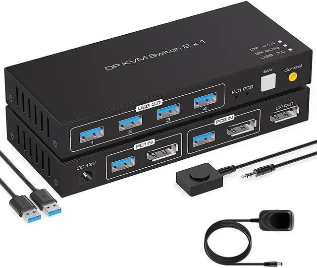 Main image of KVM Switch DisplayPort USB 3.0 DP KVM Switch 2 in 1 Out 3440x1440@144Hz,3840x2160@60Hz for 2 Computers Share 1 Monitor and 4 USB 3.0 Devices with 2 USB3.0 Cables and Wired Controller