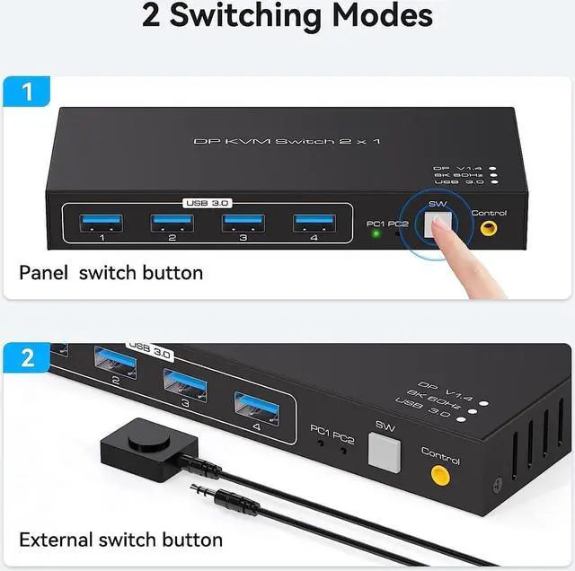 Alt view image 5 of 7 - KVM Switch DisplayPort USB 3.0 DP KVM Switch 2 in 1 Out 3440x1440@144Hz,3840x2160@60Hz for 2 Computers Share 1 Monitor and 4 USB 3.0 Devices with 2 USB3.0 Cables and Wired Controller