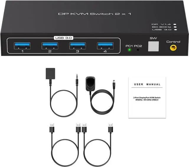 Alt view image 7 of 7 - KVM Switch DisplayPort USB 3.0 DP KVM Switch 2 in 1 Out 3440x1440@144Hz,3840x2160@60Hz for 2 Computers Share 1 Monitor and 4 USB 3.0 Devices with 2 USB3.0 Cables and Wired Controller