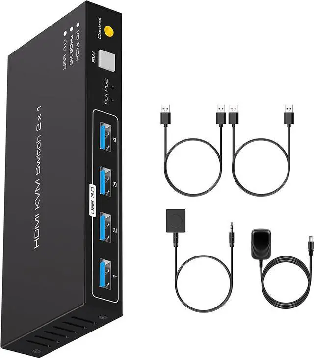 Main image of KVM Switch HDMI USB 3.0 HDMI KVM Switch 2 in 1 Out 8K@60Hz / 4K@120Hz for 2 Computers Share 1 Monitor and 4 USB 3.0 Devices with 2 USB3.0 Cables and Wired Controller