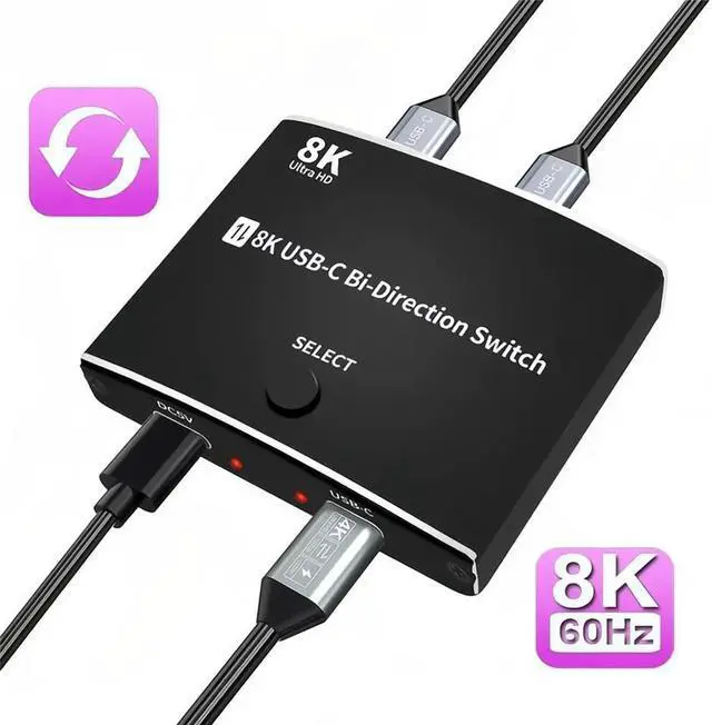 Main image of USB C Switch Bi-Directional Switcher 1 in 2 Out/2 in 1 Out USB Switch Selector 2 Computers Share 1 Devices USB KVM Switch 8K@60Hz Video 10Gbps Data Transfer 100W Charging USB-C Cables Included
