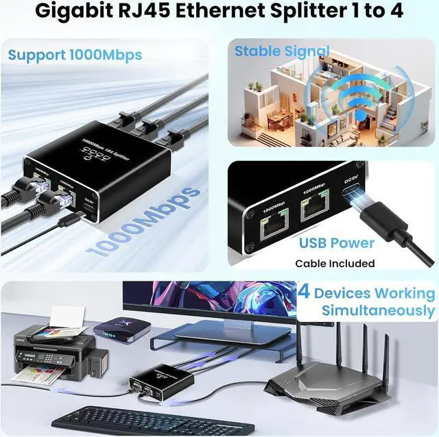 Alt view image 2 of 7 - Ethernet Splitter 1 to 4 1000Mbps High Speed RJ45 LAN Splitter Adapter Gigabit Fast Internet CAT 5 5e 6 7 8 Network Cable Multi Port Splitter HUB for Home Office Business