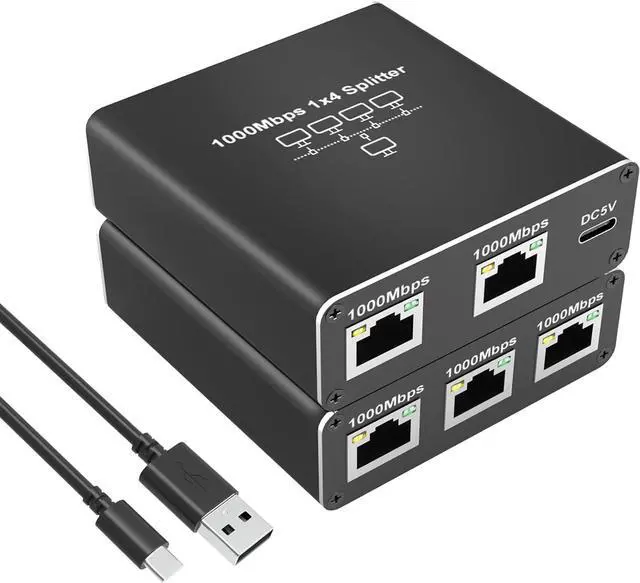 Main image of Ethernet Splitter [4 Devices Simultaneous Networking], Gigabit RJ45 Ethernet Splitter 1 to 4, 1000Mbps Network Extension Connector with USB Power Cable, 8P8C Extender Plug for Cat5/5e/6/7/8 Cable