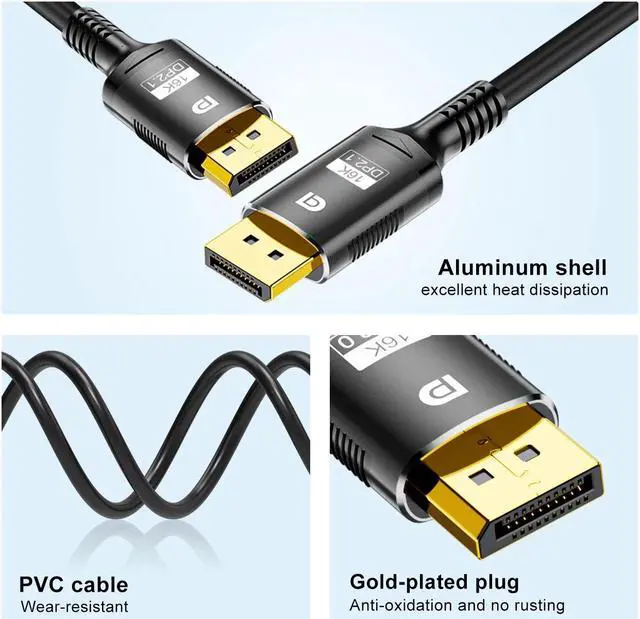 Alt view image 7 of 7 - DisplayPort 2.1 Cable 6.6FT, 16K DP 2.1 Cable Supports 16K@30Hz, 8K@60/120Hz, 4K@240Hz/165Hz, 2K@360Hz, 80Gbps, HDR, HDCP2.2, 3D, ARC for TV, Gaming Monitor