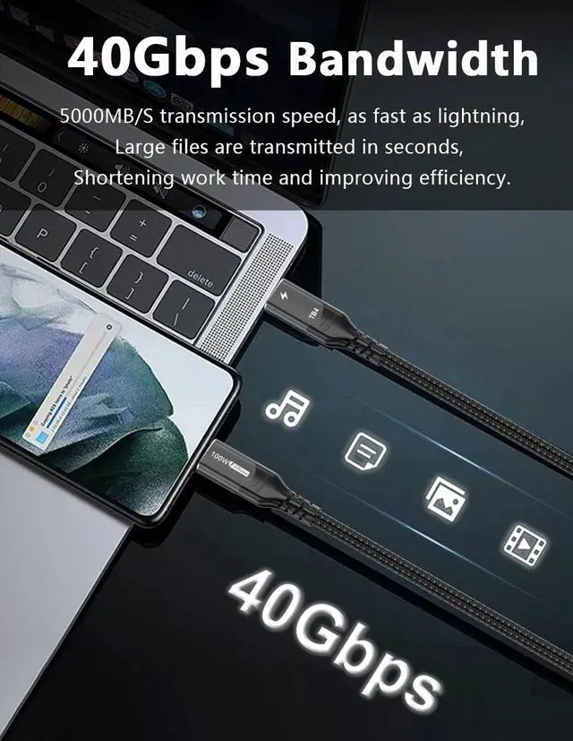 Alt view image 4 of 7 - USB C Thunderbolt 4 Cable 6.6ft: Supporting 8K@60Hz Video HD Display, 40 Gbps Data Transfer and Powerful 100W Charging USB C to Type-C Cable for Laptop, Hub, Docking,Phone - Nylon Braided