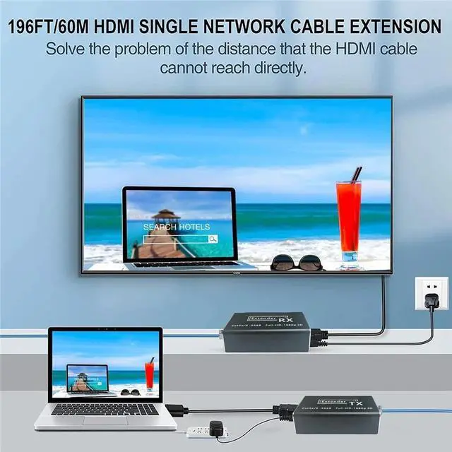 Alt view image 2 of 7 - HDMI Extender 1080P 60m/196ft, HDMI Repeater HD HDMI Network Extender Over Single RJ45 Cat6 Ethernet Cables Support Laptop DVD PS3/4 HD Box