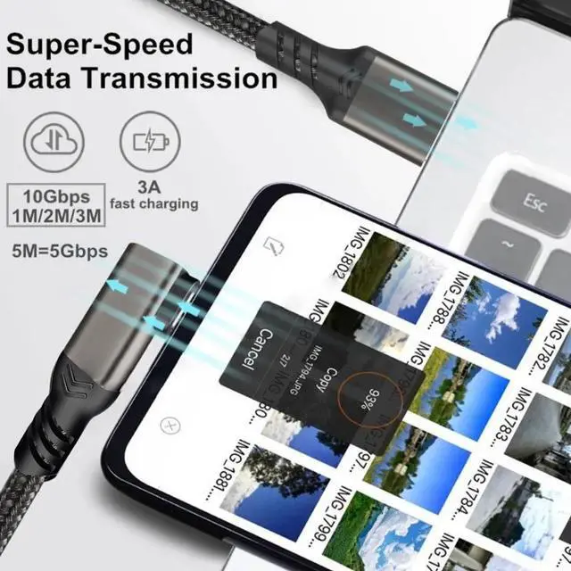 Alt view image 3 of 7 - 2 Pack Right Angle USB C Cable 1.6ft, 3.2 Gen 2 USB A to C Nylon Braided Cord, 10Gbps High Speed Data Transfer, 3.1A 60W Type C Fast Charging Cable for Samsung Phones SSD Powerbank Tablets Laptop