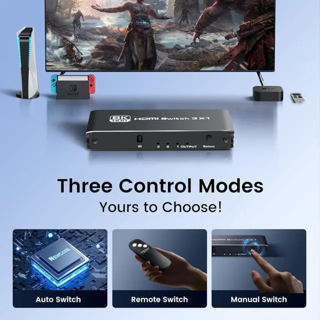 Alt view image 6 of 7 - 3 Ports 8K HDMI 2.1 Switch 3 in 1 Out 8K@60Hz 4K@120Hz HDMI Switcher Selector with Remote Support Auto-Switching 48Gbps HDR 10+ Dolby Vision/Atmos HDCP 2.3 CEC