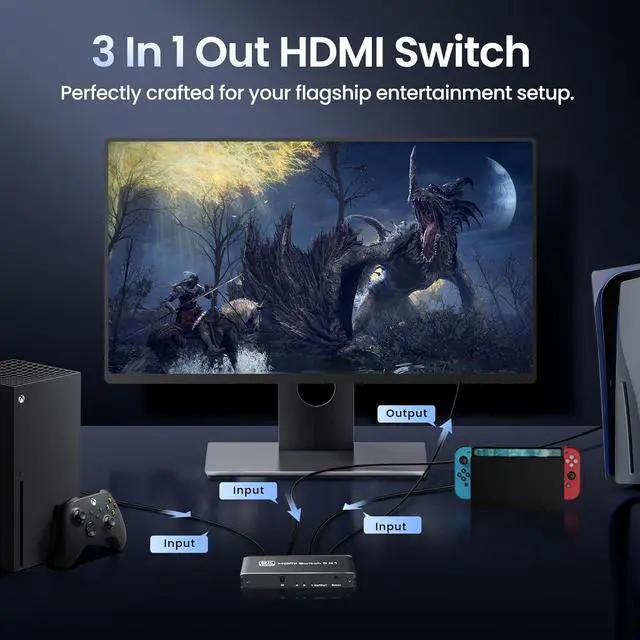 Alt view image 2 of 7 - HDMI 2.1 Switch 8K HDMI Switcher 3 in 1 Out, 4K@120Hz HDMI Switcher with Remote Supports 8K@60Hz, Aluminum HDMI Switcher Selector for PS4/PS5 Xbox Ro-ku Apple-TV Fire Stick Sony TV