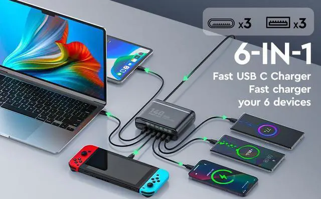 Alt view image 2 of 7 - ESTONE USB C Charging Station, Charger GaN 140W, QC3.0 Fast Compact Desk Charger for MacBook Pro/Air, Dell XPS,iPhone 15 Pro,ipad pro,Galaxy S23,Pixel 7