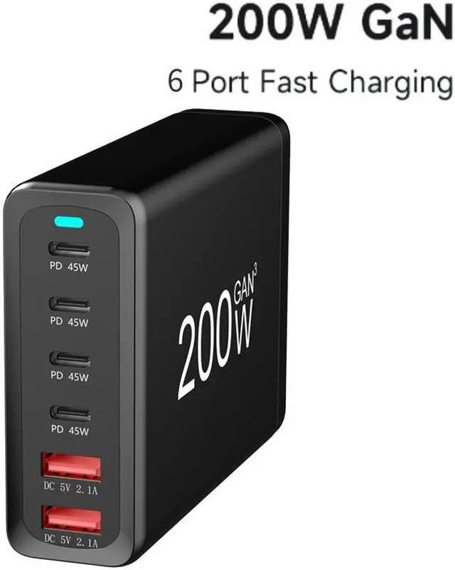 Main image of ESTONE 200W 6-Port USB-C PD3.0 QC3.0 Laptop Charger Power Charging Station Hub Compatible with MacBook Pro/Air, iPad Pro, iPhone 14 Pro, Galaxy Tab S8, S23, Dell XPS 13- Black